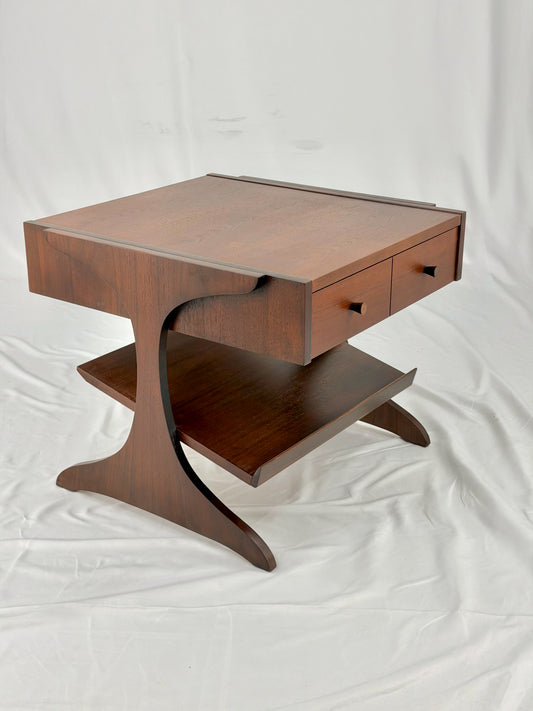 walnut end tables on a white background