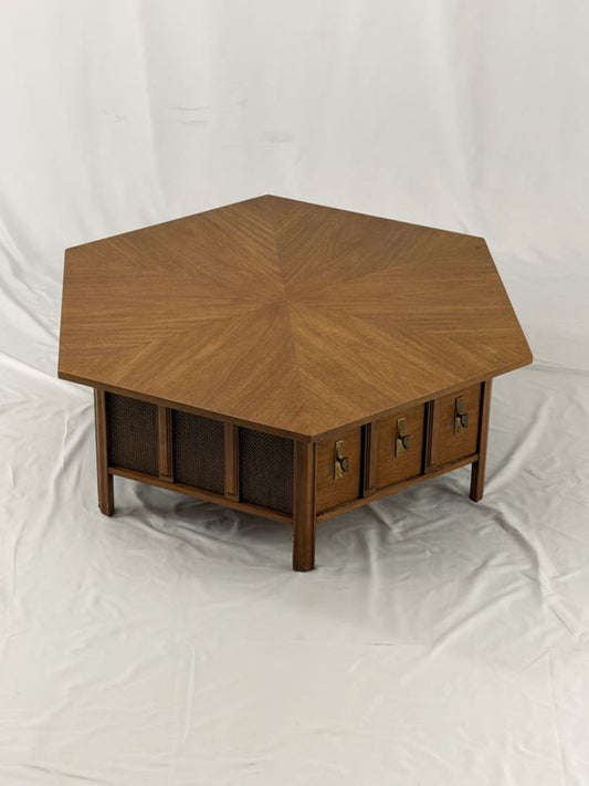 Wooden hexagonal table with a drawer open, on a white background