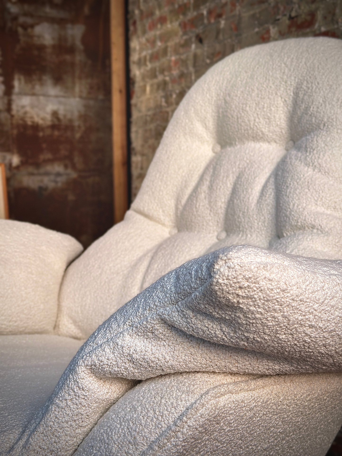 Pearsall lounge chair white boucle up close.