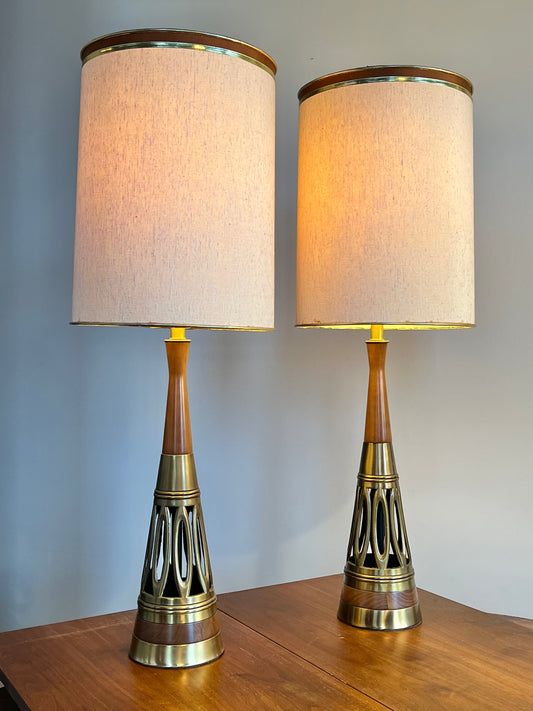 Brass and Walnut Brutalist Table Lamps