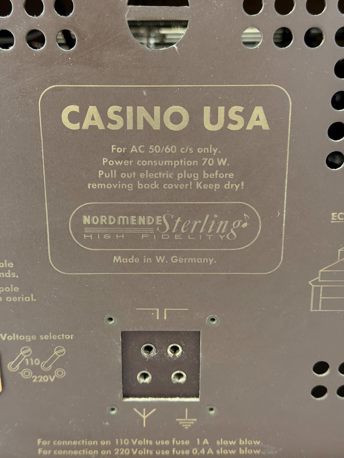 Back panel of a Nordmende Sterling audio component with 'Casino USA' branding.