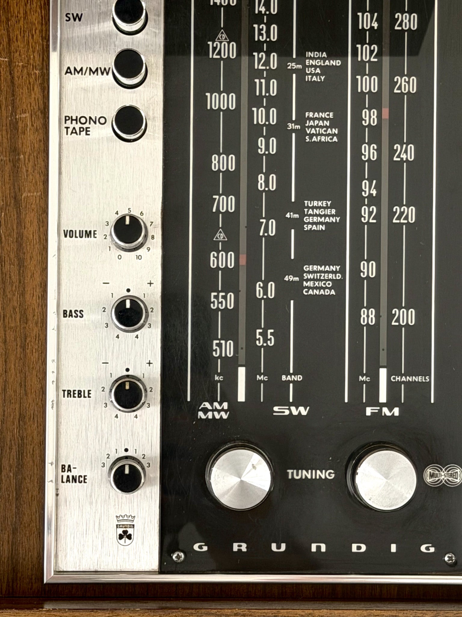 Vintage Grundig radio receiver with control knobs and tuning dial on a wooden surface.