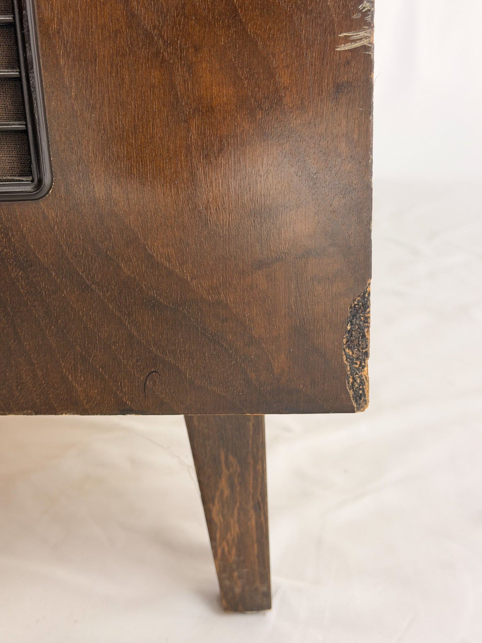 Vintage wooden stereo console on a white background