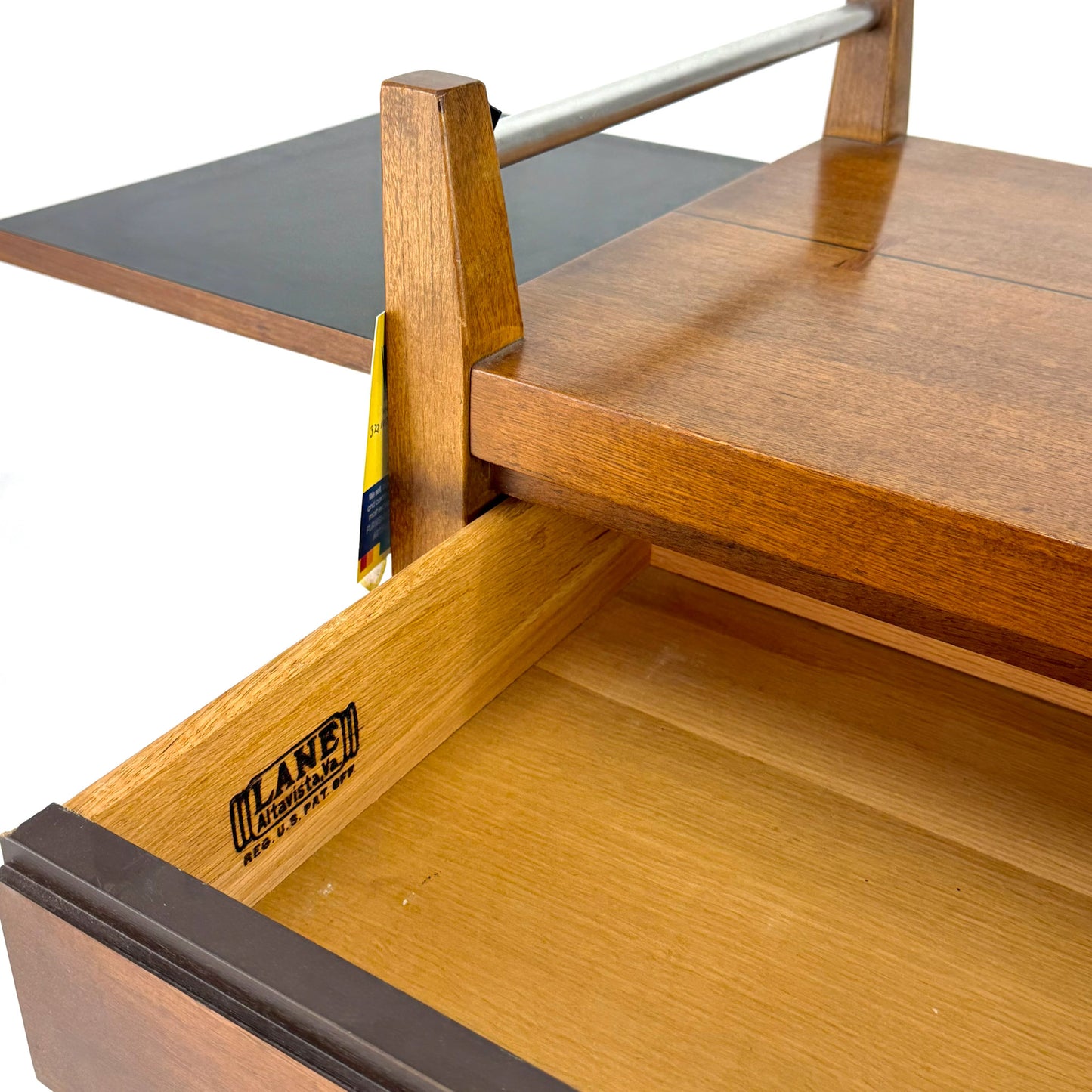 Wooden serving cart with two shelves on a white background