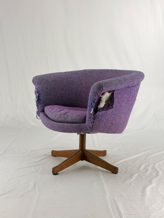 Mid Century Modern Danish pod chair with purple fabric and wooden base with a white background