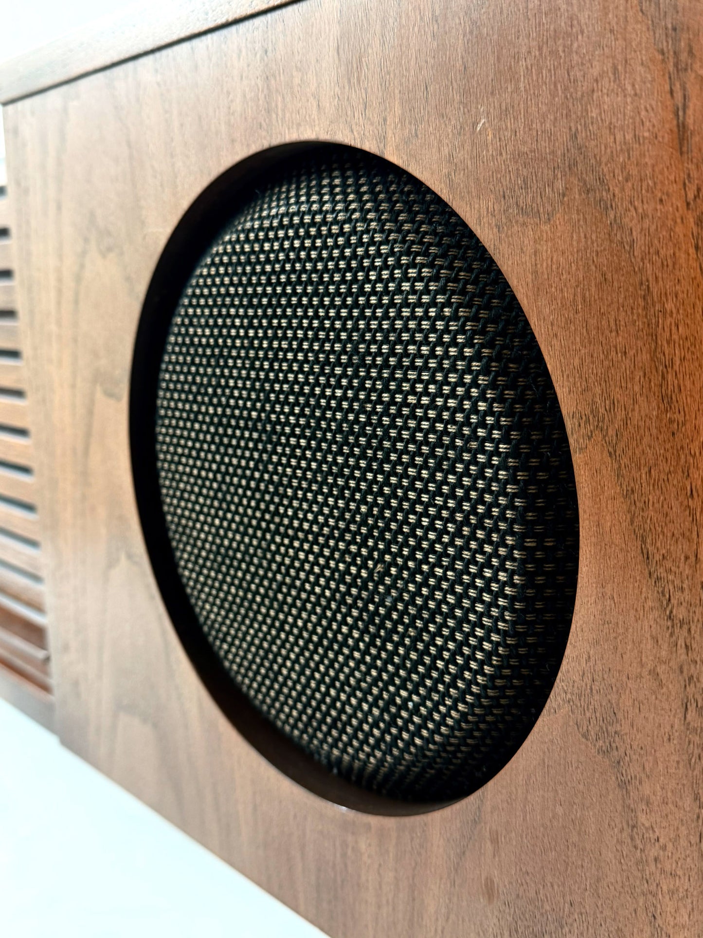 Electrohome vintage wooden stereo console with speakers on a white background