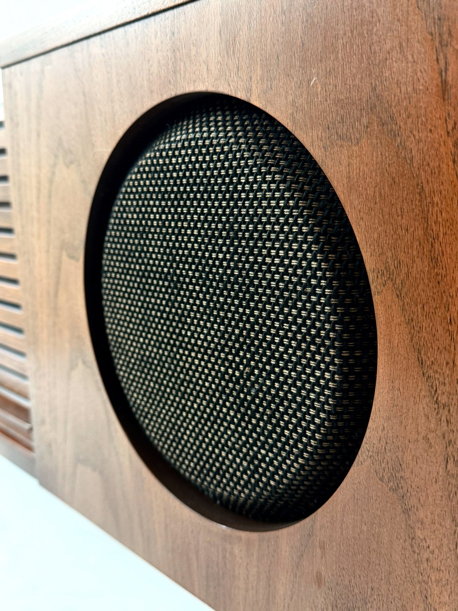 Electrohome vintage wooden stereo console with speakers on a white background
