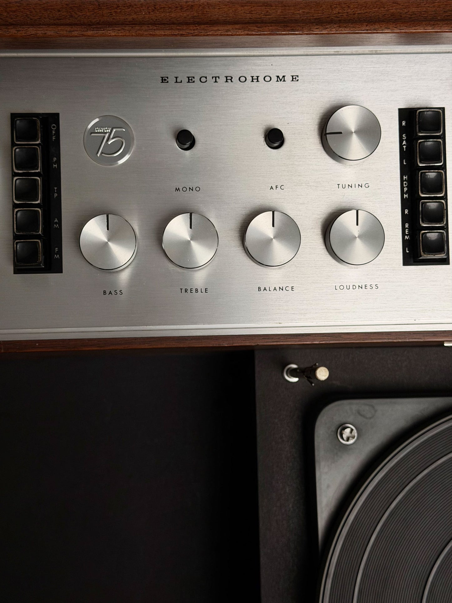 Close-up of a vintage-style audio control panel with 'Electrohome' branding.