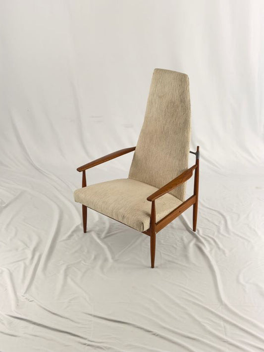 Beige armchair with wooden frame on a white background