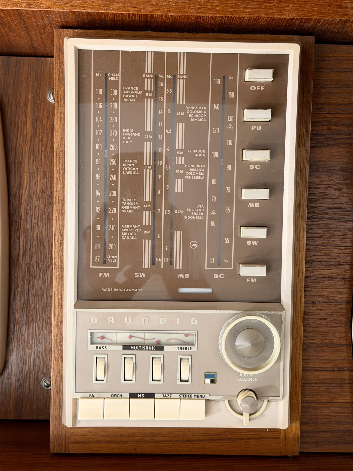 Vintage record player with a turntable and control panel on a wooden surface.