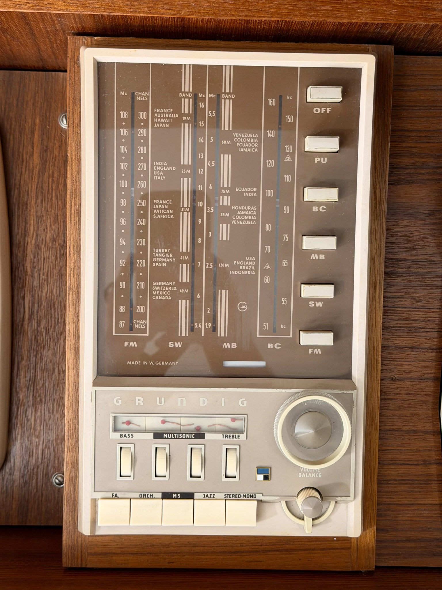 Vintage record player with a turntable and control panel on a wooden surface.