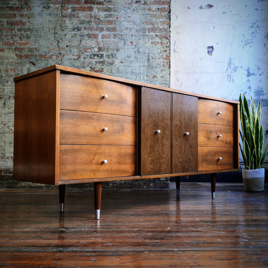 Mid Century Modern Lowboy Dresser with Silver Feet