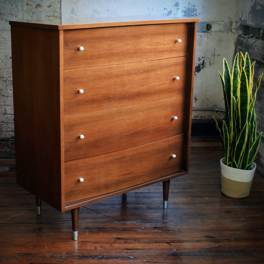 Mid Century Modern Highboy Dresser with Silver Feet