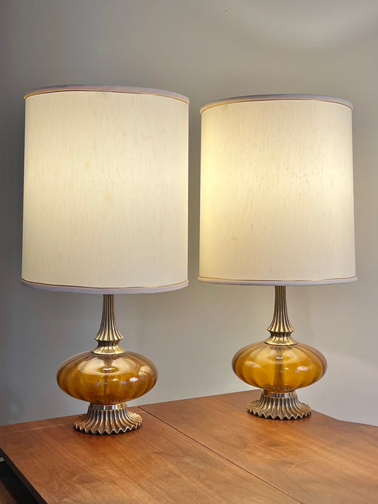 Mid Century Modern Amber Globe Table Lamps