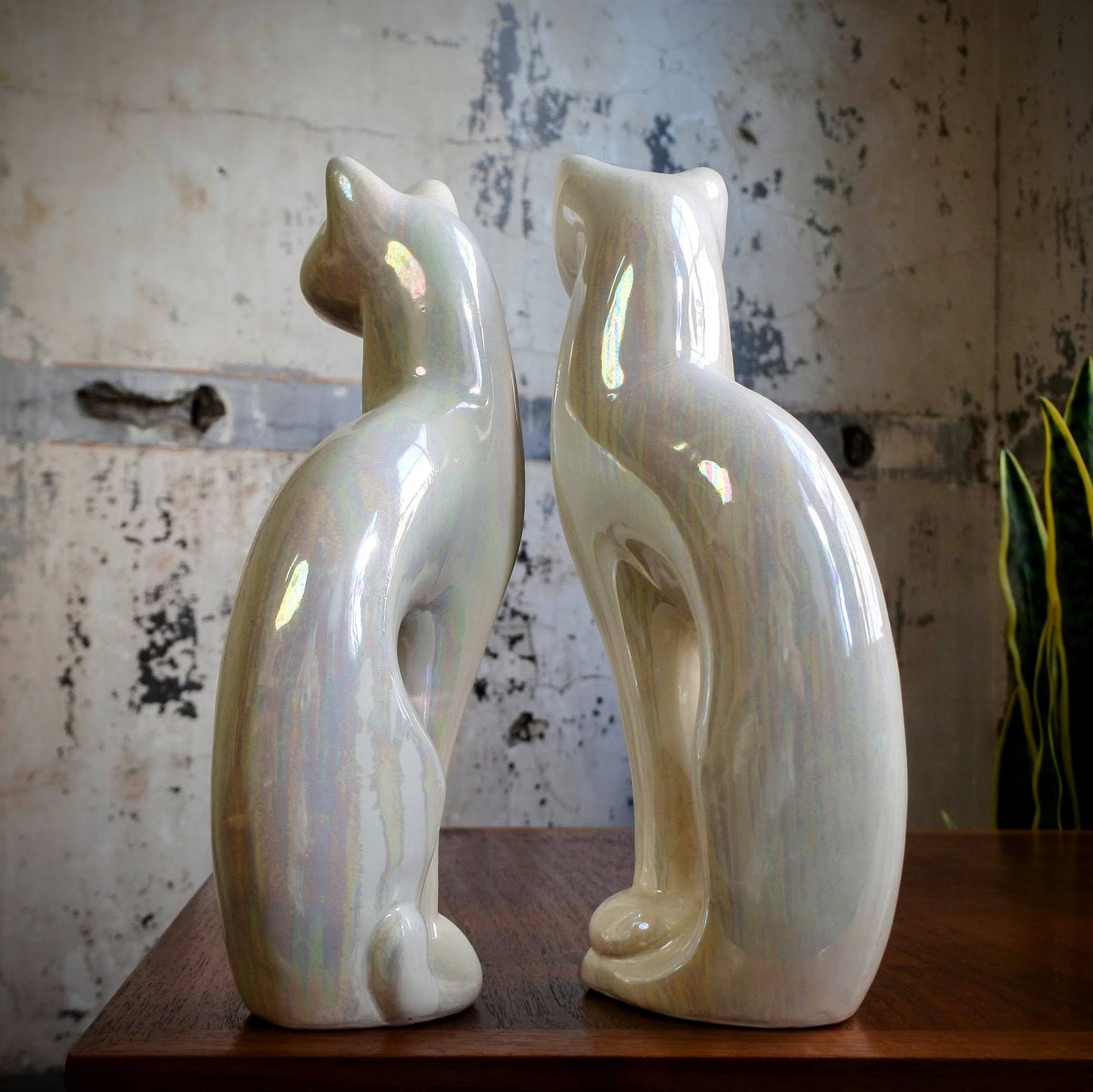 Pair of Iridescent Ceramic Cats