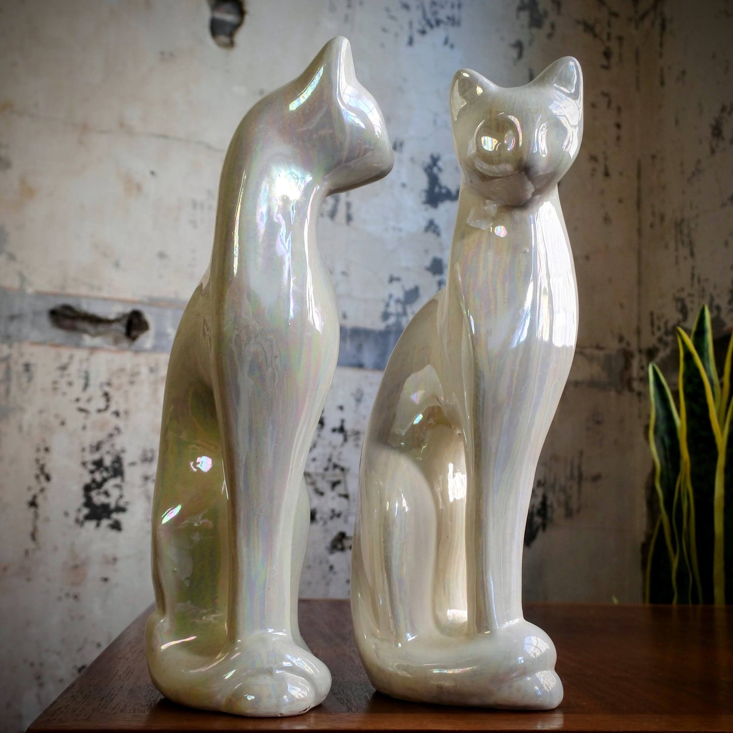 Pair of Iridescent Ceramic Cats
