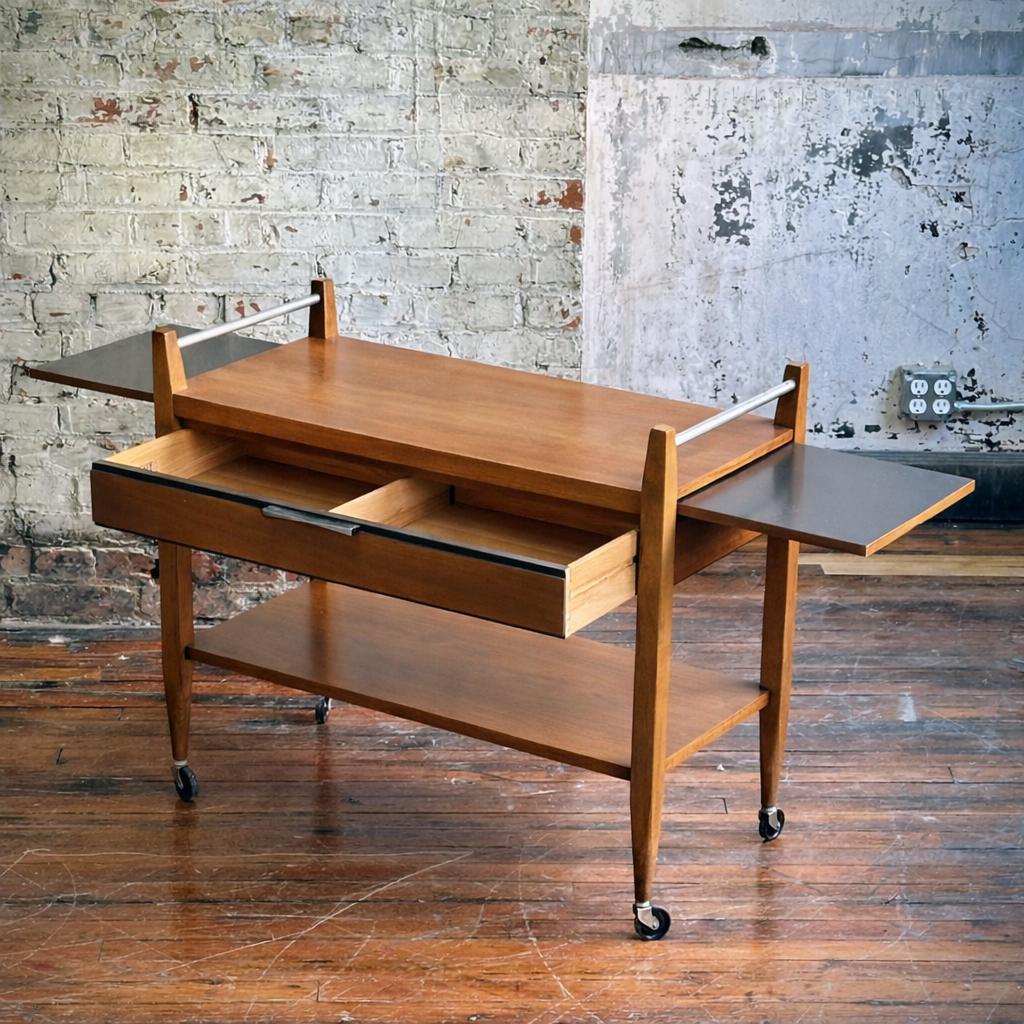 Lone Tuxedo MCM Walnut Bar Cart w/ Rosewood Inlay